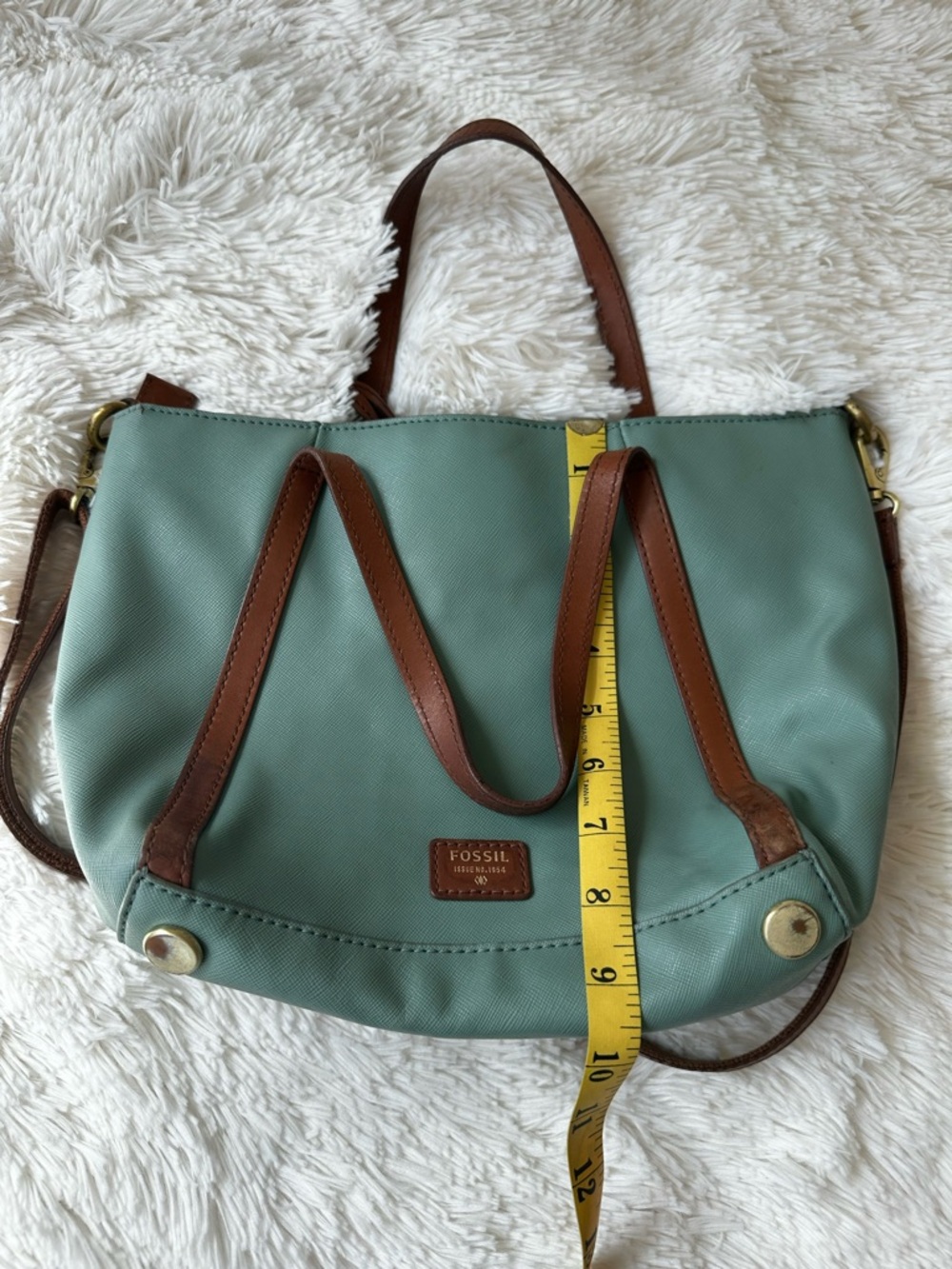 Fossil Sage Green Crossbody Shoulder Tote Bag Brown Leather Trim Everyday Purse - Picture 12 of 13
